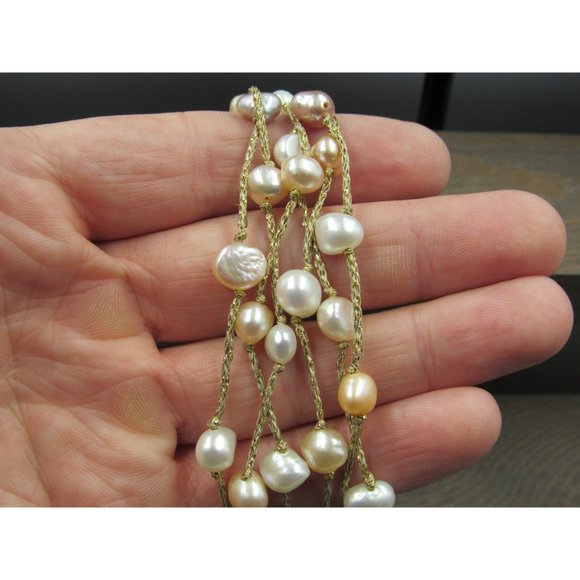 8" Sterling Silver & Cord Various Real Pearls Bracelet Vintage Elegant Beautiful - Picture 2 of 5